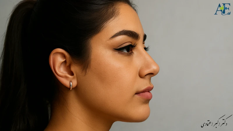 نمای نیمرخ یک خانم با بینی ظریف و سربالا؛ نمونه مناسب برای جراحی بینی فانتزی